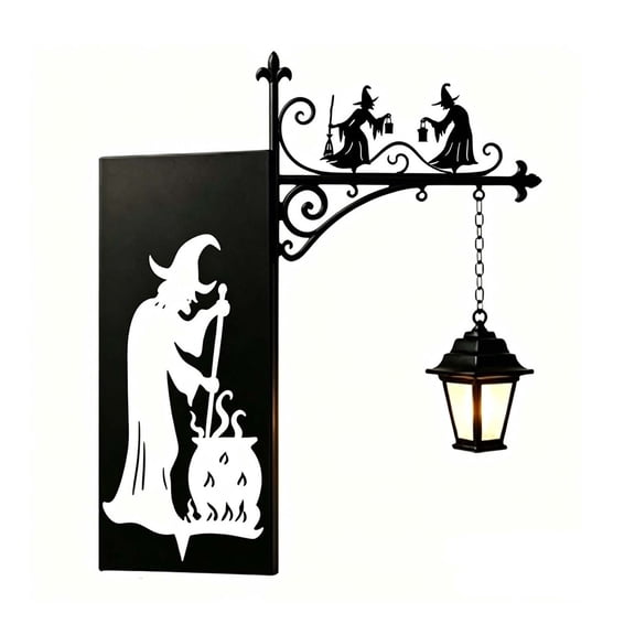 10.04 Inch Black Wrought Iron Witch Bookshelf Light Silhouette Wall Hanging LED Mini Lantern Gothic Halloween Reading Nook Decor