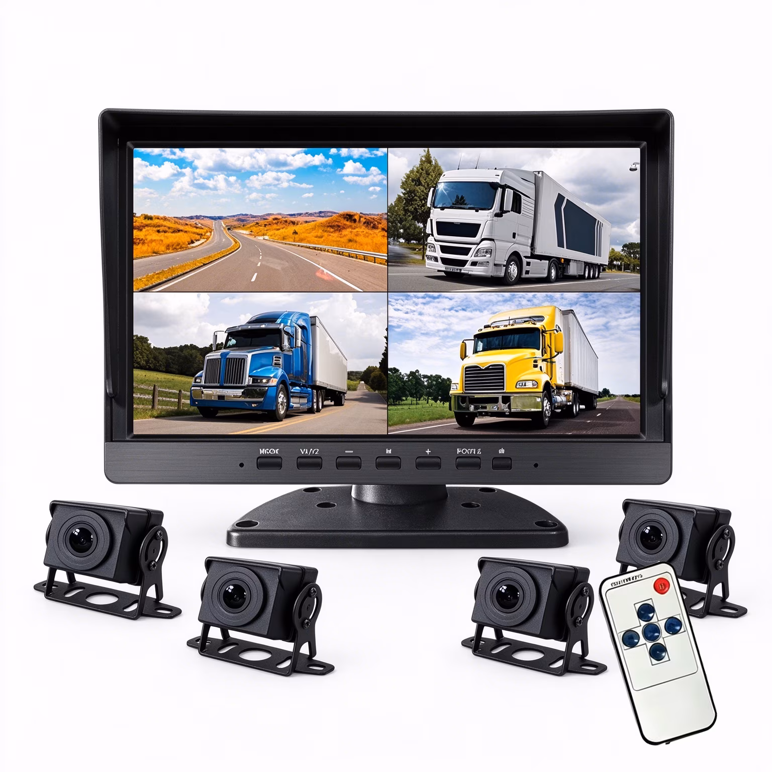 Unbranded 4-Channel Quad Split MP5 Monitor Voice Control System with 4 1080P AHD Cameras Rear View for Truck Bus RV 10 Inch