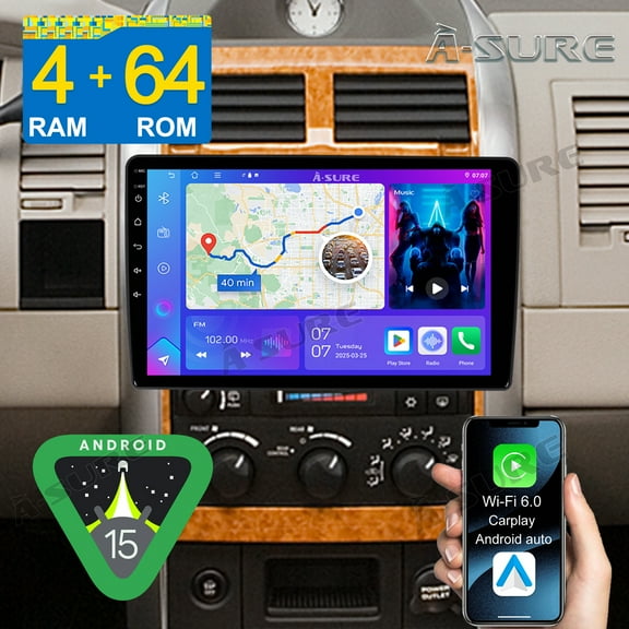 10.1" Android 15 4+64GB Car Stereo Radio for Jeep Wrangler Compass Cherokee Liberty Patriot with CarPlay/Android Auto/GPS Nav/Wi-Fi/BT 5.4/HD Camera