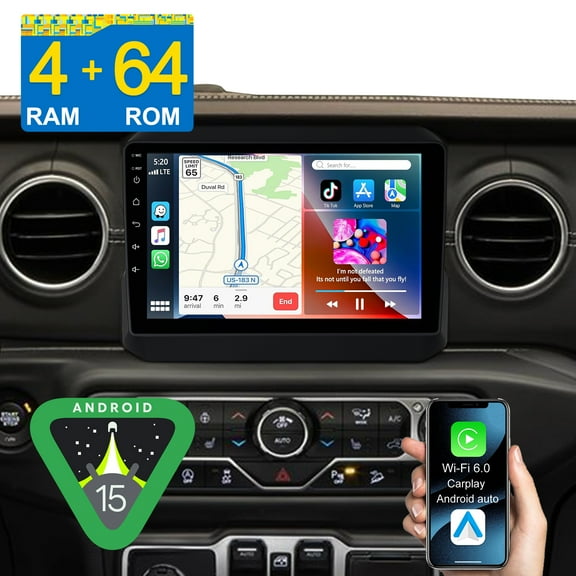 9" Android 15 Stereo 4+64GB Car Radio for Jeep Wrangler JL 2018-2022 with CarPlay/Android Auto/GPS Navi/Wi-Fi/BT 5.4/Backup Camera