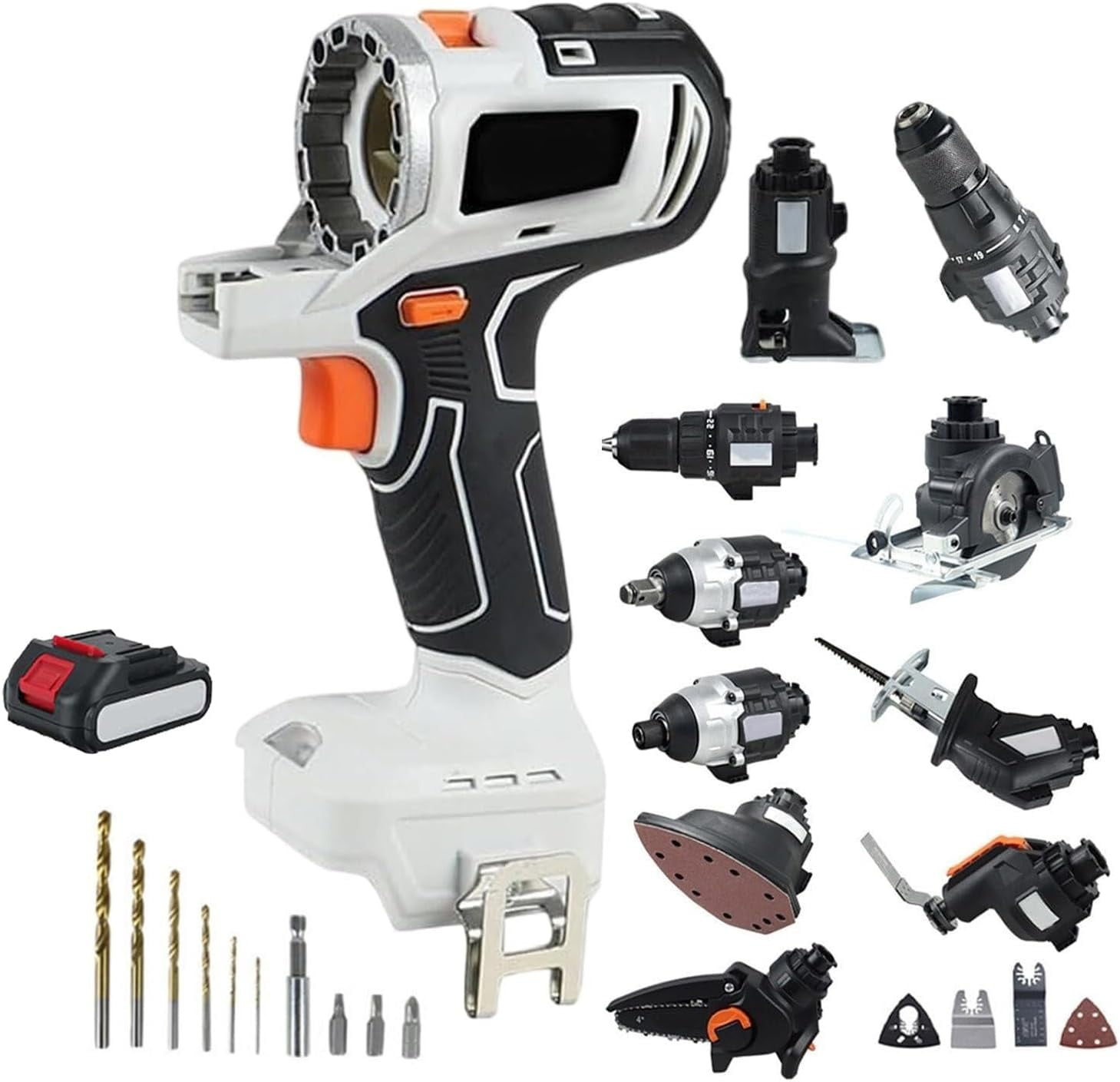 10 in 1 Cordless Power Tool Combo Kit, Hand Drill Woodworking Power Tool Set, Recip Saw Jig saw Circular Saw Chainsaw Oscillating Tool Screwdriver Wrench Impact Drill Sander, 4.0Ah Battery(White)