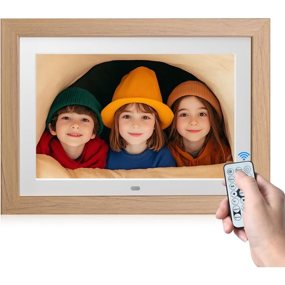 10.1" Digital Picture Frame with Remote Control, 1280 * 800 IPS Full View Clear Screen, Removable Wooden Frame, Share Videos Photos Send Wishes -Rotate Slideshow Non-WiFi