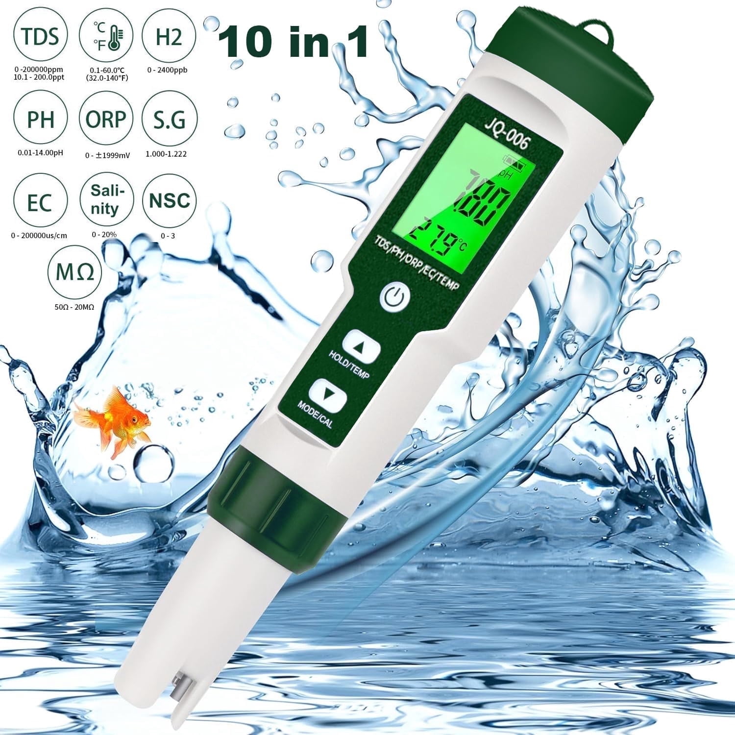 10 in 1 Digital Water Tester Meter, PH/TDS/EC/Salinity/SG/ORP/Hydrogen-rich/Resistivity/Temp/Nutrient Solution, Water Tester Pen for Drinking Water Hydroponics Plant Fish Tank, Pool Salt Tester