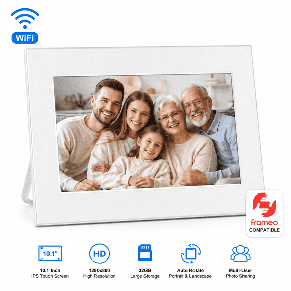 10.1" WiFi Digital Photo Frame, Frameo App, IPS Touchscreen, 32GB Storage, Auto Rotate, Remote Photo & Video Sharing, White