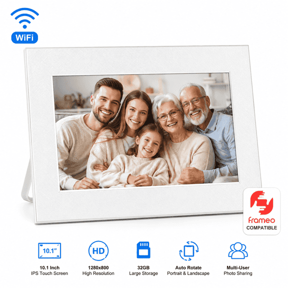 10.1" WiFi Digital Photo Frame with Ips Touchscreen, 32GB Storage, Auto Rotate, Frameo App Compatible, White
