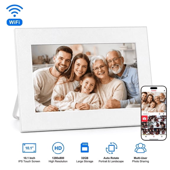 10.1" WiFi Digital Photo Frame with Ips Touchscreen, 32GB Storage, Auto Rotate, Frameo App Compatible, White