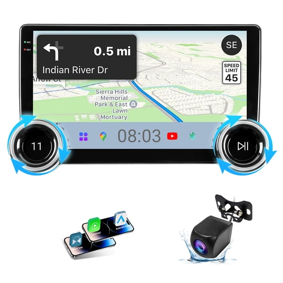 Haudio 10.1" Dual Knob Smart Car Stereo with Wireless CarPlay/Android Auto, Portable Car Play Audio with GPS, Backup Camera