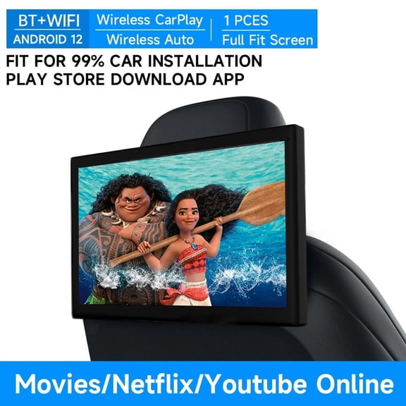 10.1'' Headrest Monitor Wireless Carplay Android 12 2G+32G Auto Car Rear Seat Video Player FM Bluetooth AirPlay Input Full Touch Screen