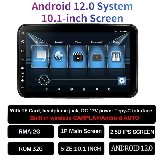 10.1'' Headrest Monitor Wireless Carplay Android 12 2G+32G Auto Car Rear Seat Video Player FM Bluetooth AirPlay Input Full Touch Screen