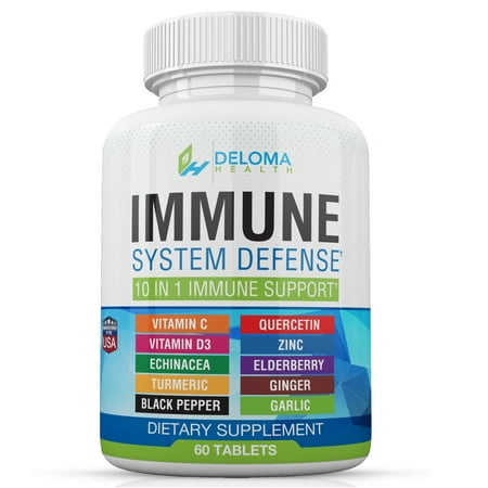 10 in 1 Immune System Support Supplement with Vitamin C, Quercetin, D3, Zinc, Elderberry, Echinacea, Turmeric, Ginger, Black Pepper and Garlic by Deloma Health