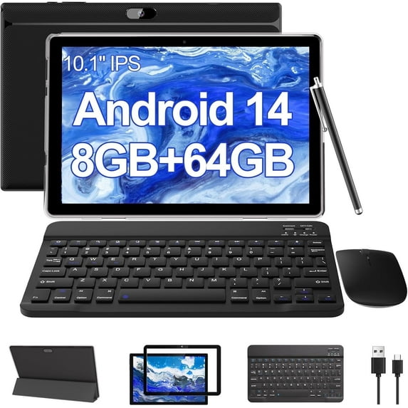 10.1 Inch Android 12 Tablet, Newest 2 in 1 Tablets, 4GB RAM+64GB ROM Quad-Core Processor, 1280*800 FHD Tableta with Keyboard/Mouse/Case/Stylus/Tempered Film, 8MP Dual Camera 6000mAh Battery 10" Tab PC