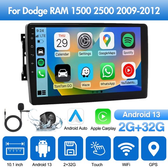 10.1-Inch Android 13 2+32G Car Stereo Radio GPS Stereo for Dodge RAM 1500 2500 2009-2012, with Microphone, AHD Camera