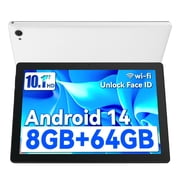 10.1 Inch Android 14 Tablet, 8GB RAM 64GB ROM, 1TB Expandable, Octa-Core, Widevine L1, Dual Camera Slim Tablet, White