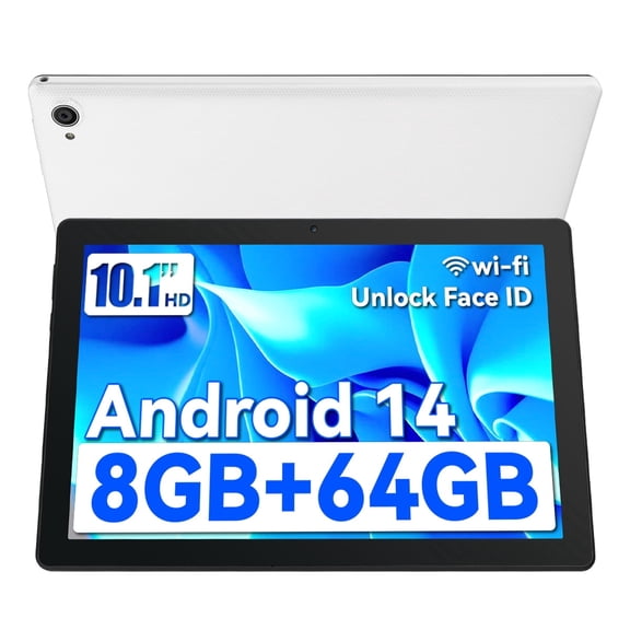 10.1 Inch Android 14 Tablet, 8GB RAM 64GB ROM, 1TB Expandable, Octa-Core, Widevine L1, Dual Camera Slim Tablet, White