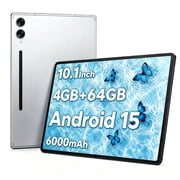 10.1 Inch Android 15 Tablet, 4GB RAM+64GB ROM, 2.0GHz Octa-Core Processor, 6000mAh Battery, 1280x800 HD Display, WiFi Tablet for Gaming, Streaming & Daily Use - Silver