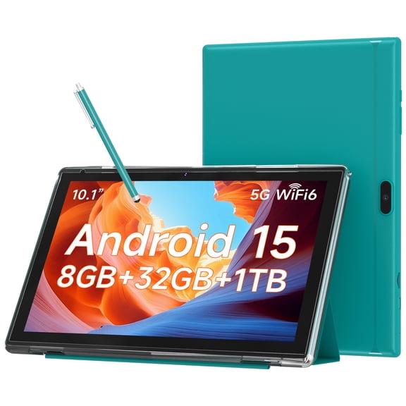 10.1 Inch Android 15 Tablet, 8GB RAM 32GB Storage, HD IPS Display, 5G WiFi 6 ,6000mAh Battery, Dual Camera for Video Call, Tab with Case & Stylus Pen for Work/Study tablet with case