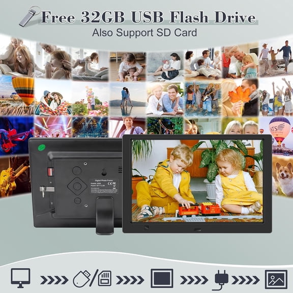 10.1 Inch Digital Picture Frame 1080P HD Display Plug & Play No WiFi App Remote Control Motion Sensor Free 32GB USB for Photos Videos Music Black