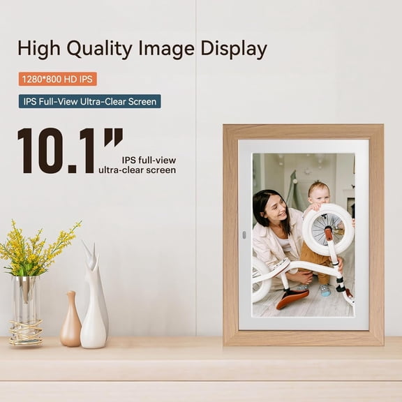 10.1 Inch Digital Picture Frame with Remote Control, 1280x800 IPS HD Screen, Removable Wooden Design, USB/ Card Support, Auto-Rotate Slideshow, No WiFi Required for Easy Memory Sharing