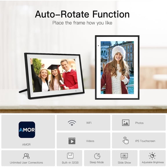 10.1 Inch Digital Picture Frame with WiFi, IPS HD Touch Screen, 32GB Storage, Auto-Rotate & Remote App Control for Family Photos and Videos