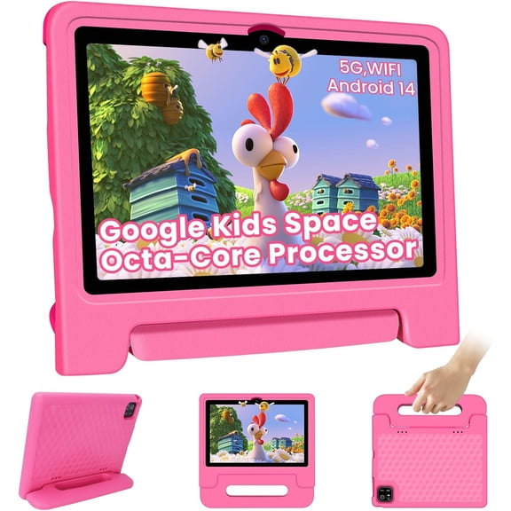 10.1-Inch Kids Tablet, 8GB+64GB, Android 14, 8-Core CPU, Educational Apps, Parental Controls, WiFi, 1280x800 HD Display, Cameras, Shockproof, Long Battery Life