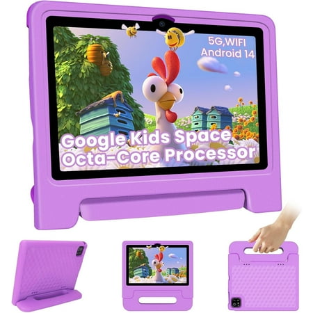 10.1-Inch Kids Tablet, 8GB+64GB, Android 14, 8-Core CPU, Educational Apps, Parental Controls, WiFi, 1280x800 HD Display, Cameras, Shockproof, Long Battery Life