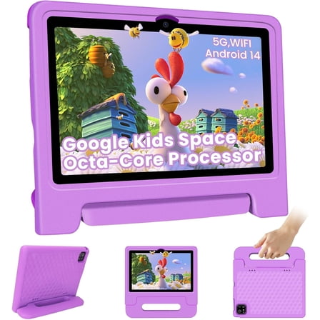 10.1-Inch Kids Tablet, 8GB+64GB, Android 14, 8-Core CPU, Educational Apps, Parental Controls, WiFi, 1280x800 HD Display, Cameras, Shockproof, Long Battery Life