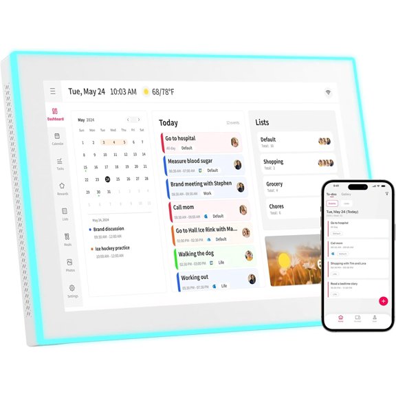 10.1 Inch Smart Digital Calendar with LED Reminder Light HD Touchscreen Family Planner & Calendar with Chore Chart & Meal Planner