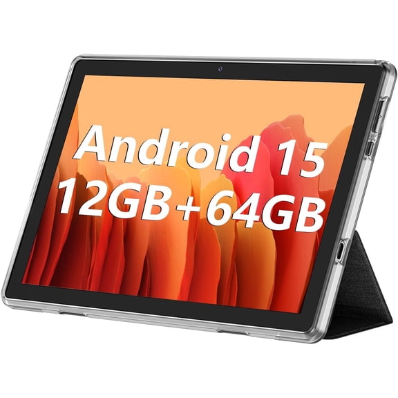 10.1 Inch Tablet, Android 15 Tablets 12GB(4+8) RAM / 64GB ROM / 1TB SD Card Expansion, 1280x800 IPS HD Touchscreen, 6000mAh Battery, Bluetooth 5.0, Dual Cameras, GMS, Dual Band WiFi, Black