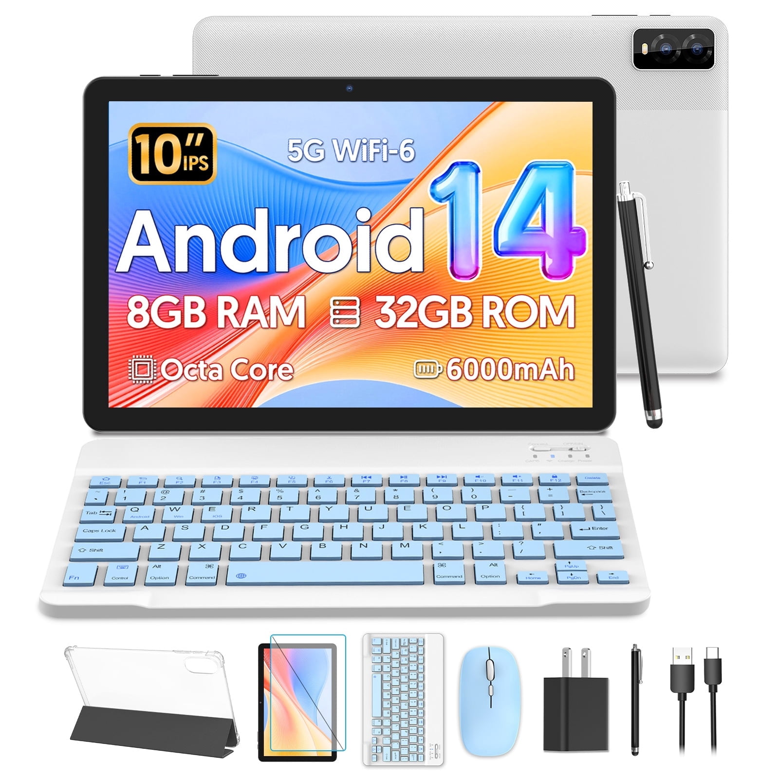 10.1 Inch Tablets Android 14 Tablet with Octa-Core,8GB+32GB+1TB TF Expansion, 6000mAh Battery,5G WiFi6,Dual Camera 2 in 1 Tablets with Keyboard, Mouse,Pen,Case