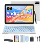 10.1 Inch Tablets Android 14 Tablet with Octa-Core,8GB+32GB+1TB TF Expansion, 6000mAh Battery,5G WiFi6,Dual Camera 2 in 1 Tablets with Keyboard, Mouse,Pen,Case