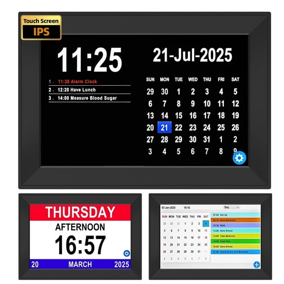 Bgift 10.1" Easy to Use Touch Screen Digital Clock for Seniors,Large Display Digital Calendar with Day and Date for Elderly,64 Alarms 40 Reminders, Auto DST,Gfits(Black)