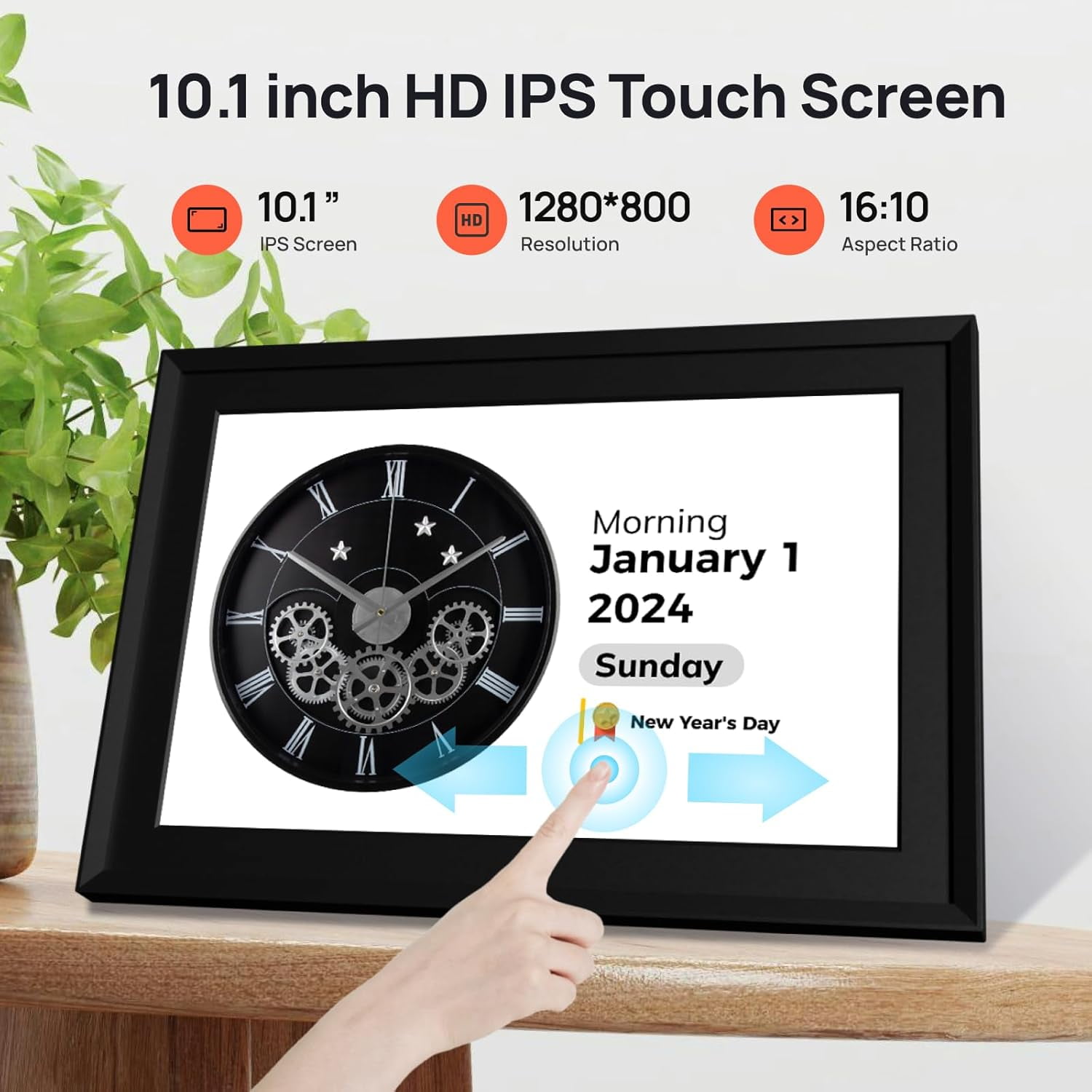 10.1 Inch Touchscreen Digital Calendar Day Clock for Seniors with Voice Alarm and WiFi Sync - Black