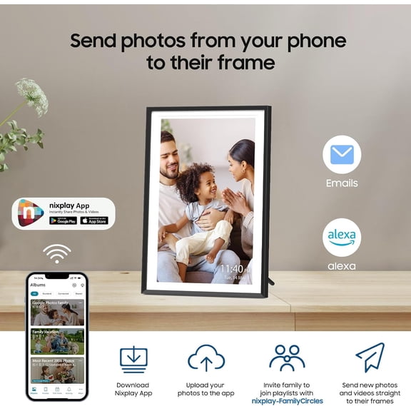 10.1 Inch WiFi Digital Photo Frame with  App, HD IPS Touchscreen, Auto Rotate, Free Cloud Storage, Smart Sensor & Alexa Compatible, Black