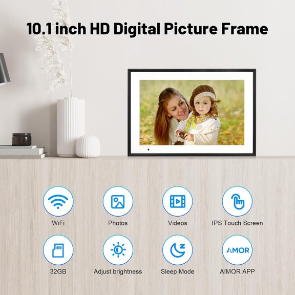 10.1 Inch WiFi Digital Picture Frame with 32GB Storage, IPS HD Touch Screen, Auto-Rotate & Remote App Sharing for Family Photos