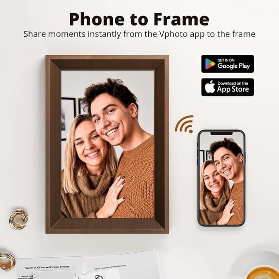 10.1 Inch WiFi Digital Picture Frame with Touch Screen, Auto-Rotate & Wall Mountable, Easy Share via App Email for Family Gifts, Wood Brown