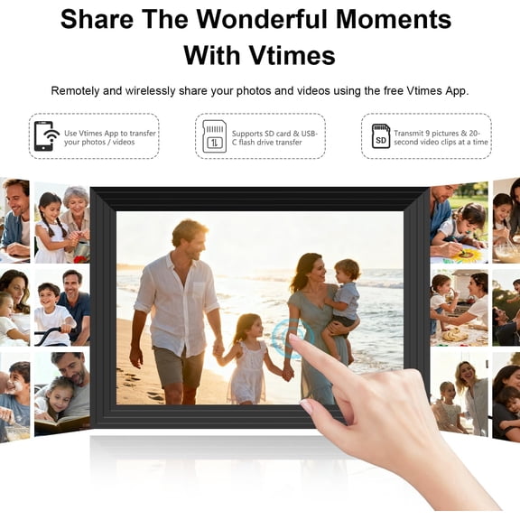 10.1 Inch WiFi Smart Digital Picture Frame with 1280x800 IPS Touch Screen, 16GB Storage, Auto-Rotate, AI Painting, Share Photos & Videos via App Anywhere, Black