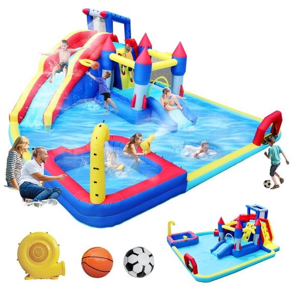 10 in 1 Inflatable Water Park Bounce House for Kids, Bouncy Castle with Slide, Splash Pool, Basketball Hoop, Climbing Wall, Blower Included, Backyard Party