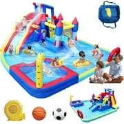 HNH 10 in 1 Inflatable Water Slide Kids Bounce House with Splash Pool & Water Gun & Basketball & Climbing Wall & Dual Pools & Soccer,650W Air Blower, 18.92x17.08FT