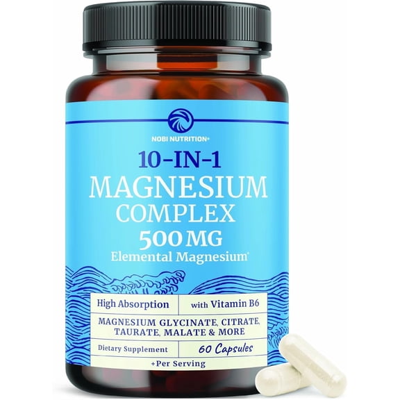 10-in-1 Magnesium Complex Supplement with Vitamin B6 and BioPerine, 500mg, 60 Ct