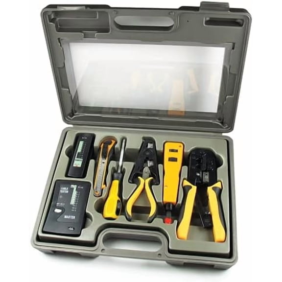 10 in 1 Network Installation Tool Kit - Cables Repair Maintenance Set, RJ45/RJ11 Crimper, LAN Data Tester, 66 110 Punch Down, Stripper, Utility Knife, Screwdriver, and Hard Case