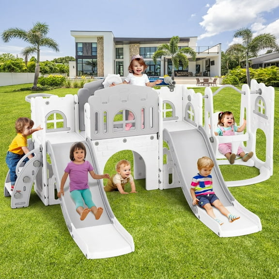 10 IN 1 Toddler Double Slides Kids Playset with Swing, Basketball Hoop, Climber, Tunnel, Telescope, Storage Space and Non-Slip Steps, Indoor Outdoor Backyard (White & Gray)