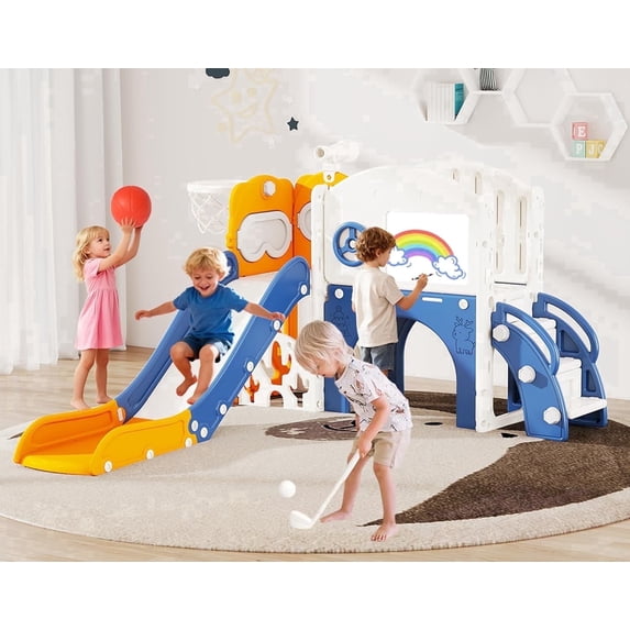 10-in-1 Toddler Slide Playset for 1-3 Years Old, Indoor Outdoor Playground Equipment with Golf Set, Basketball Hoop, Climbing Frame, Drawing Board, Steering Wheel