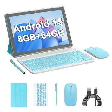 10.1 inch Android 15 Tablet PC, 2025 Newest Tablet with Keyboard, 8GB+64GB Storage 1TB Expandable, Quad-core Processor, 8MP Dual Camera, 6000mAh, WiFi, GPS, Bluetooth, 1280x800 IPS Full HD Display