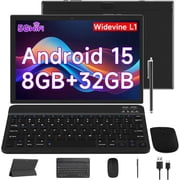 10.1 inch Android 15 Tablet PC, 2026 Newest Tablet with Keyboard, 8GB+32GB Storage 1TB Expandable, Quad-core Processor, 8MP Dual Camera, 6000mAh, WiFi, GPS, Bluetooth, 1280x800 IPS Full HD Display