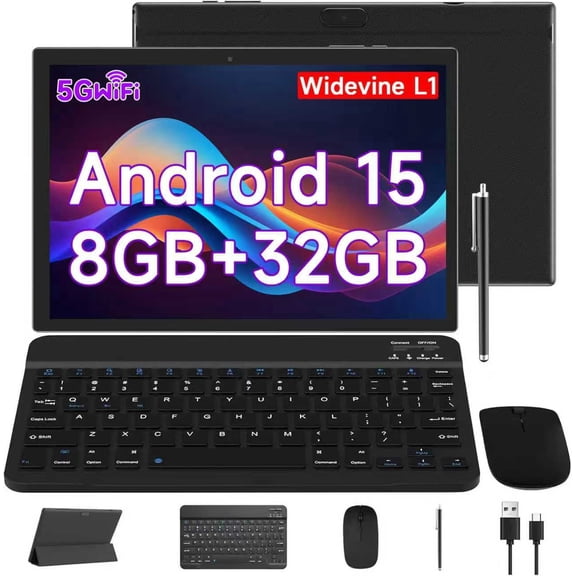 10.1 inch Android 15 Tablet PC, 2026 Newest Tablet with Keyboard, 8GB+32GB Storage 1TB Expandable, Quad-core Processor, 8MP Dual Camera, 6000mAh, WiFi, GPS, Bluetooth, 1280x800 IPS Full HD Display