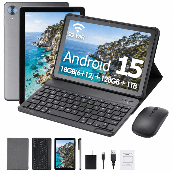10.1-inch Android 15 Tablet, 18GB RAM, 128GB Storage, 1TB Expandable, HD Display, 5GHz WiFi, Bluetooth 5.0, Dual Camera, 6000mAh, Gray