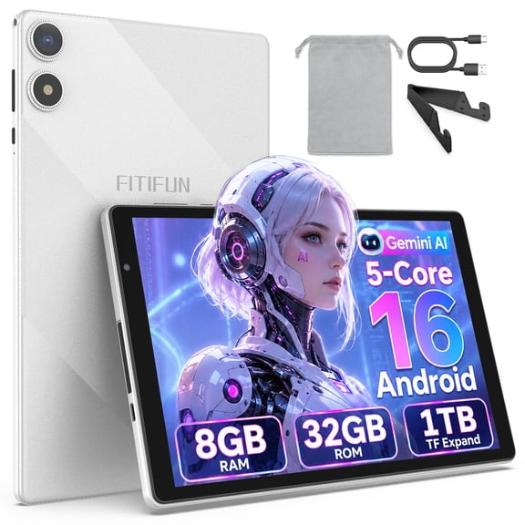FITIFUN 10.1 inch Android 16 Tablets,8GB RAM 32GB ROM 1TB Expand,Five-Core,HD Display,Gemini AI-White