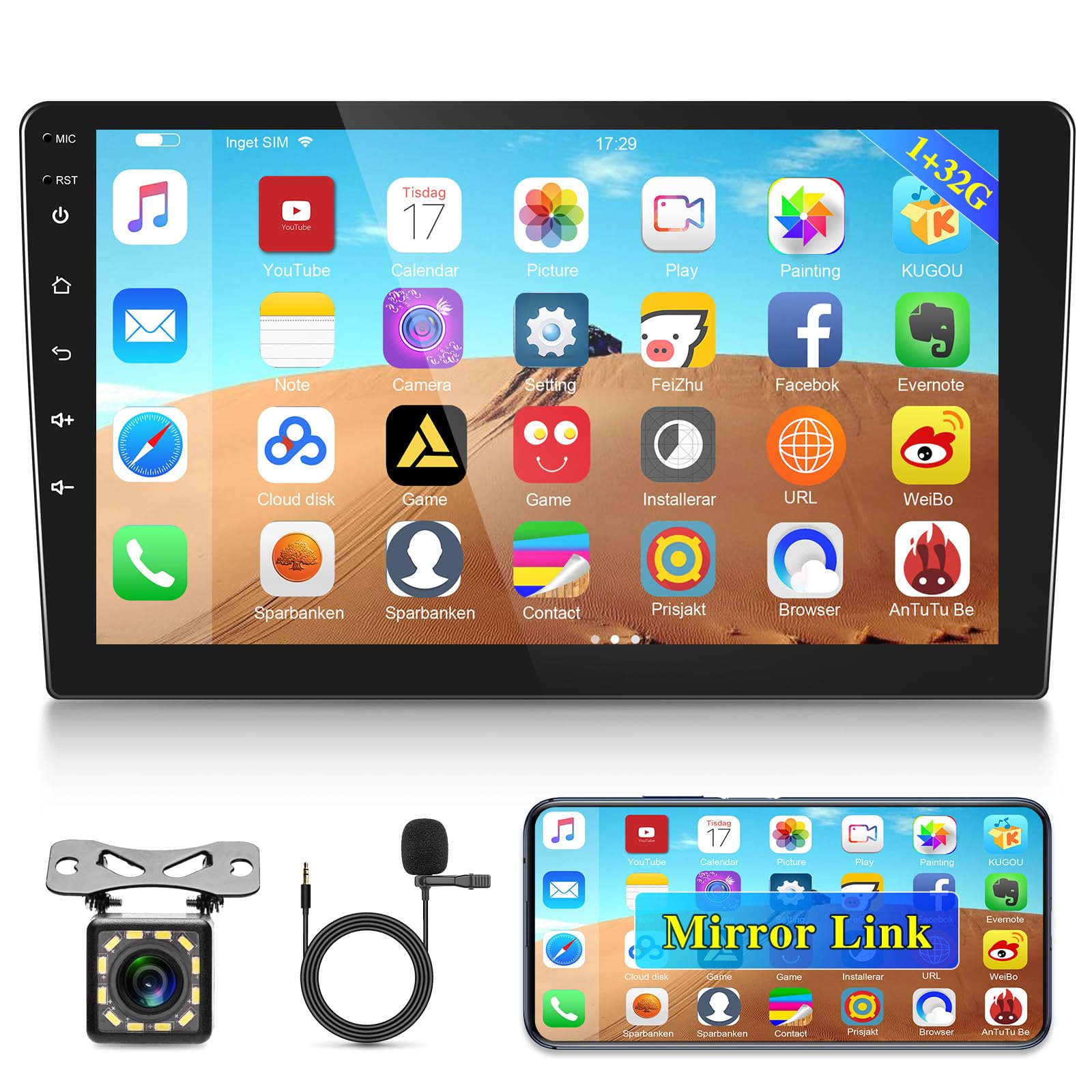 10.1 inch Android Double Din Car Stereo, [1G+32G] Touch Screen Android ...