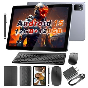 BYYBUO 10.1 Inch Android 15 Tablet Bundle w/ Keyboard Case, Mouse & Stylus - 12GB RAM, 128GB, Octa-Core, 6000mAh, IPS HD Screen