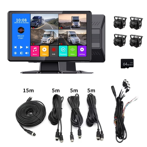 10.1-inch Capacitive Touch Screen 1080P DVR Camera System with 4-Split Display, 64G Card, 12-36V ACC Power, Shockproof for Truck RV Bus Vehicle Front Rear Dash Cam